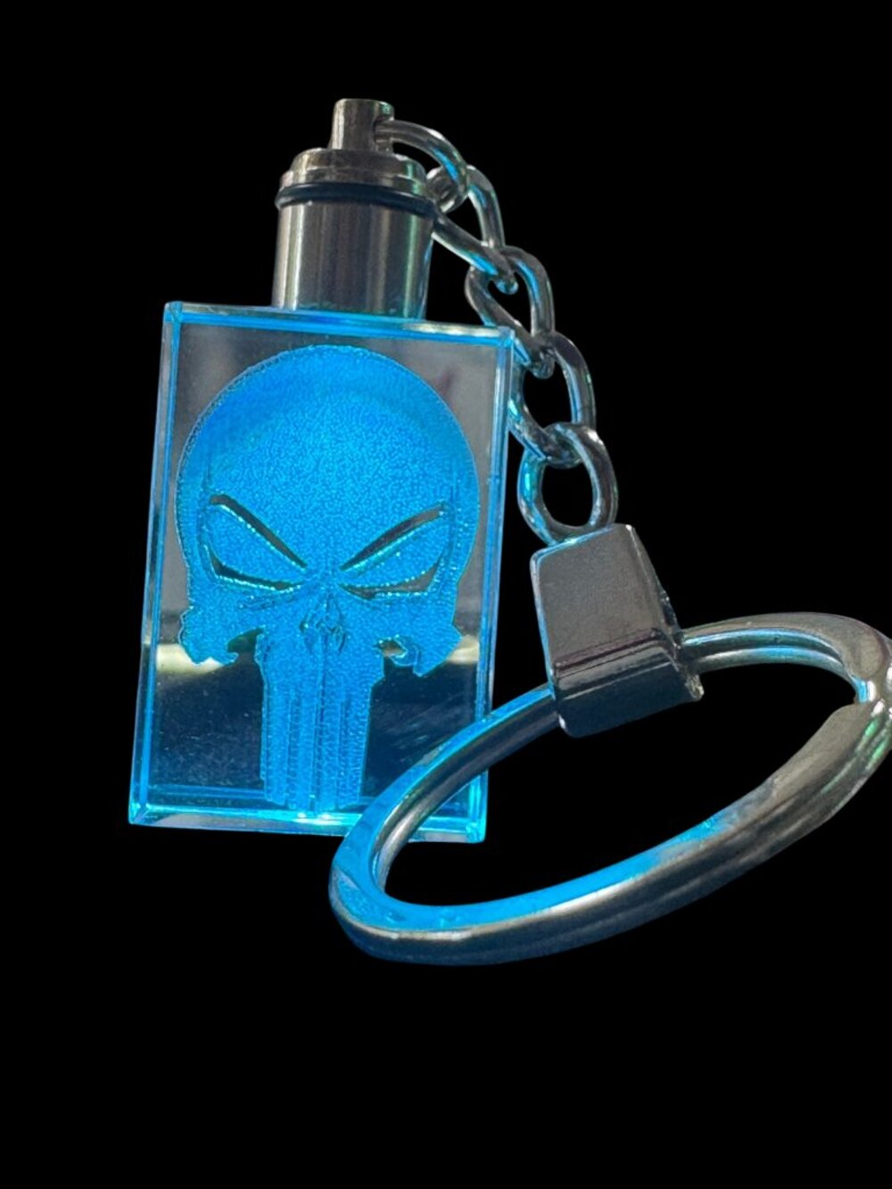 Punisher Skull Crystal Keychain with Multicolor LED Lights, Rectangular 3D Laser